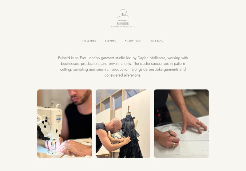 Buiseid garment studio website, with photographs of pattern cutting and garment production